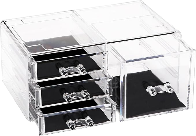 Sea Team Clear Makeup Organizer with Drawers, Acrylic Plastic Cosmetic Display Case, Jewelry Storage Box, Holder for Dresser, Bathroom, Vanity, Countertop (1 Large, 3 Small Drawers)
