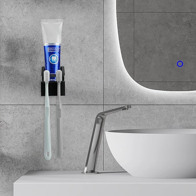 Stainless Steel Toothbrush Holder Wall Mounted, 3 in 1 Toothbrush, Toothpaste and Cup Holder, Adhesive Toothbrush Organizer for Bathroom