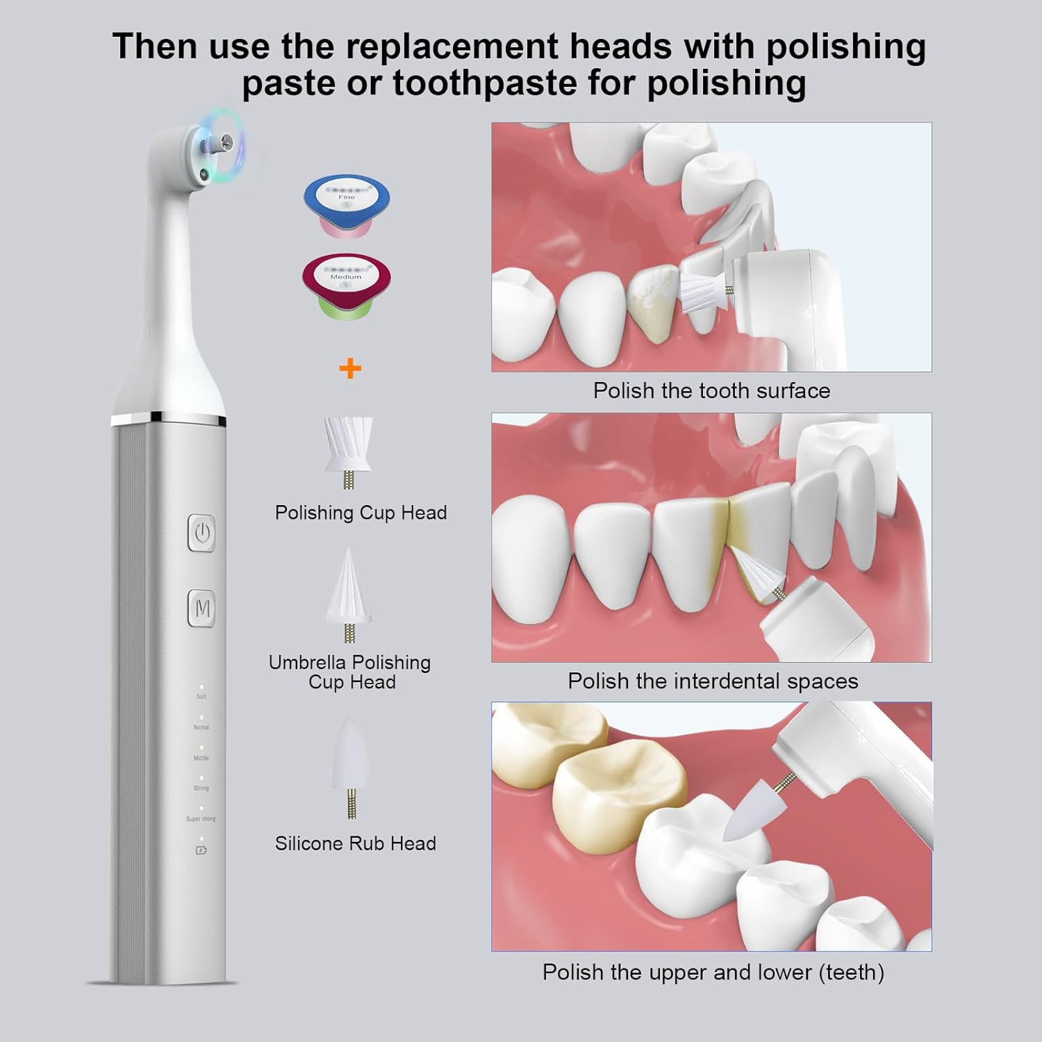 Tooth Polisher and Plaque Remover, Teeth Cleaning Tools for Cleaning and Polishing of Tooth, Dental Cleaning Tools for Brighten and Polish Teeth with 5 Brush Heads, 4 Speed Modes and 3 Polish Pastes