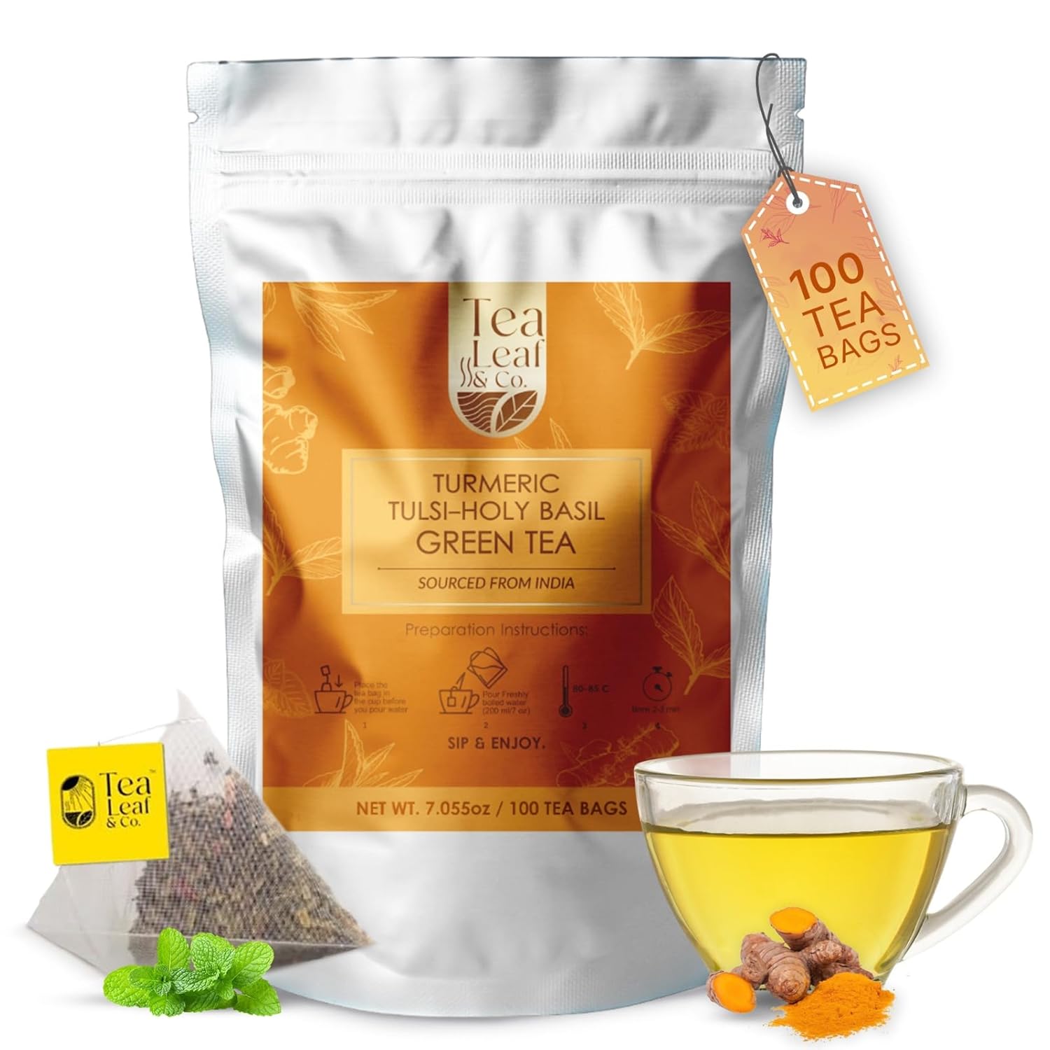 Tealeaf & Co. Turmeric Tulsi Holy Basil Green Tea - Turmeric, Tulsi & Peppermint Tea Blended with Fresh Herbs & Spices - Low Caffeine & Vegan - 100 Teabags (7.055oz/200gm)