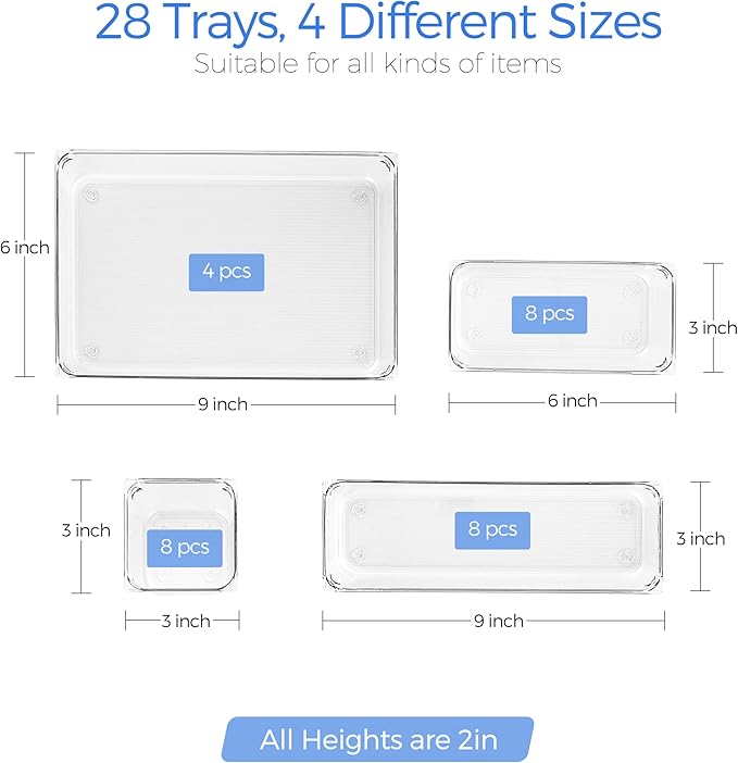 Ravinte 28 PCS Drawer Organizer Plastic Storage Bins, 4 - Size Kitchen Drawer Organizer with Non-Slip Pads Clear Desk Storage Tray for Makeup, Jewelries, Kitchen Utensils and Office