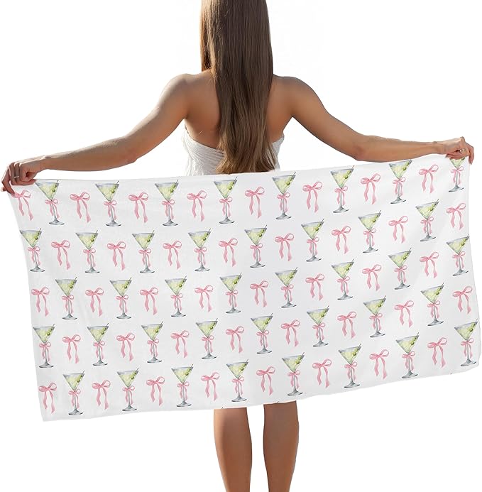 Pink Bow Martini Beach Towel, Gifts for Martini Lovers Women Girls Pool Towels, Pink Preppy Coquette Bow DirtyMaritni Large Beach Bath Travel Towels for Bathroom Swimming Camping, 30x60in
