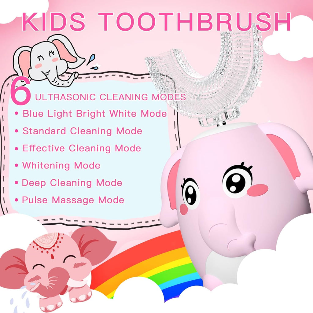 Kids Electric U Shaped Toothbrush Children Rechargeable Sonic Toothbrush with 4 Brush Heads Full Mouth 6 Cleaning Modes -(Age 8-15 Pink)