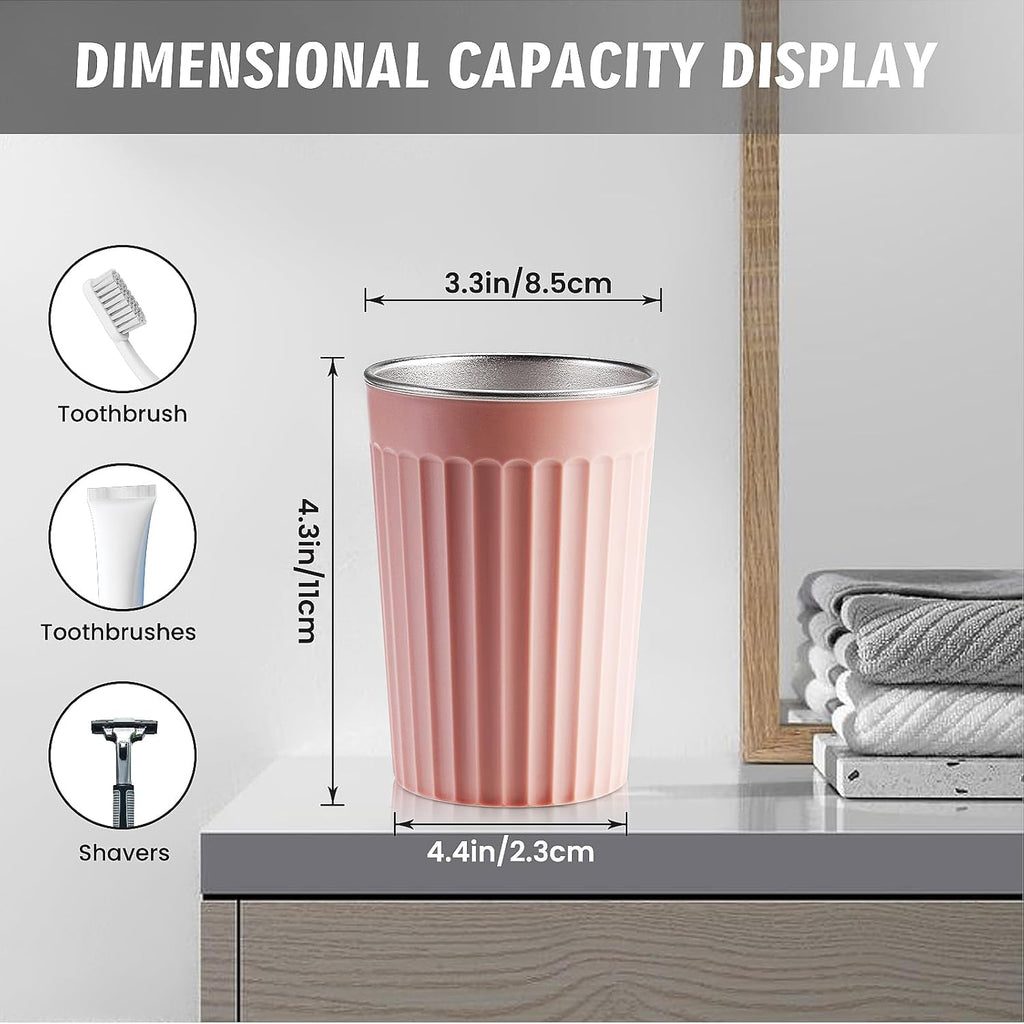 Toothbrush Holder for Bathroom-12oz Unbreakable Stainless Steel Bathroom Cup,Easy to Clean Toothbrush Cup, Reusable Bathroom Tumbler Cups for Home/School/Office(3" x 4.5") (Pink)
