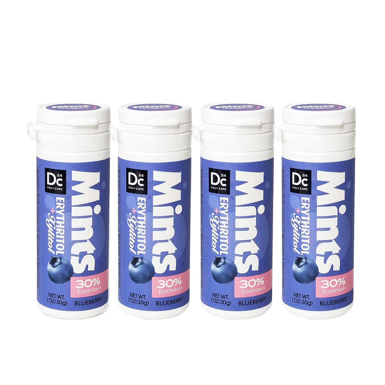 DC24 DAILY CARE Xylitol Erythritol Mints, No Aspartame Sugar Free Hard Candy, Low-Calorie, Dry Mouth Drops Keto Blueberry 30 Pieces (Pack of 4)