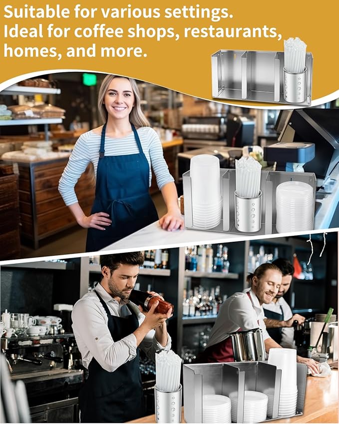 Stainless Steel Cup Dispenser,3 Compartments Cup Holder and Lid Holder with Adjustable Dividers,Cup Organizer for Kitchen Cabinets Cafe Shop Restaurant,Includes Straw Holder