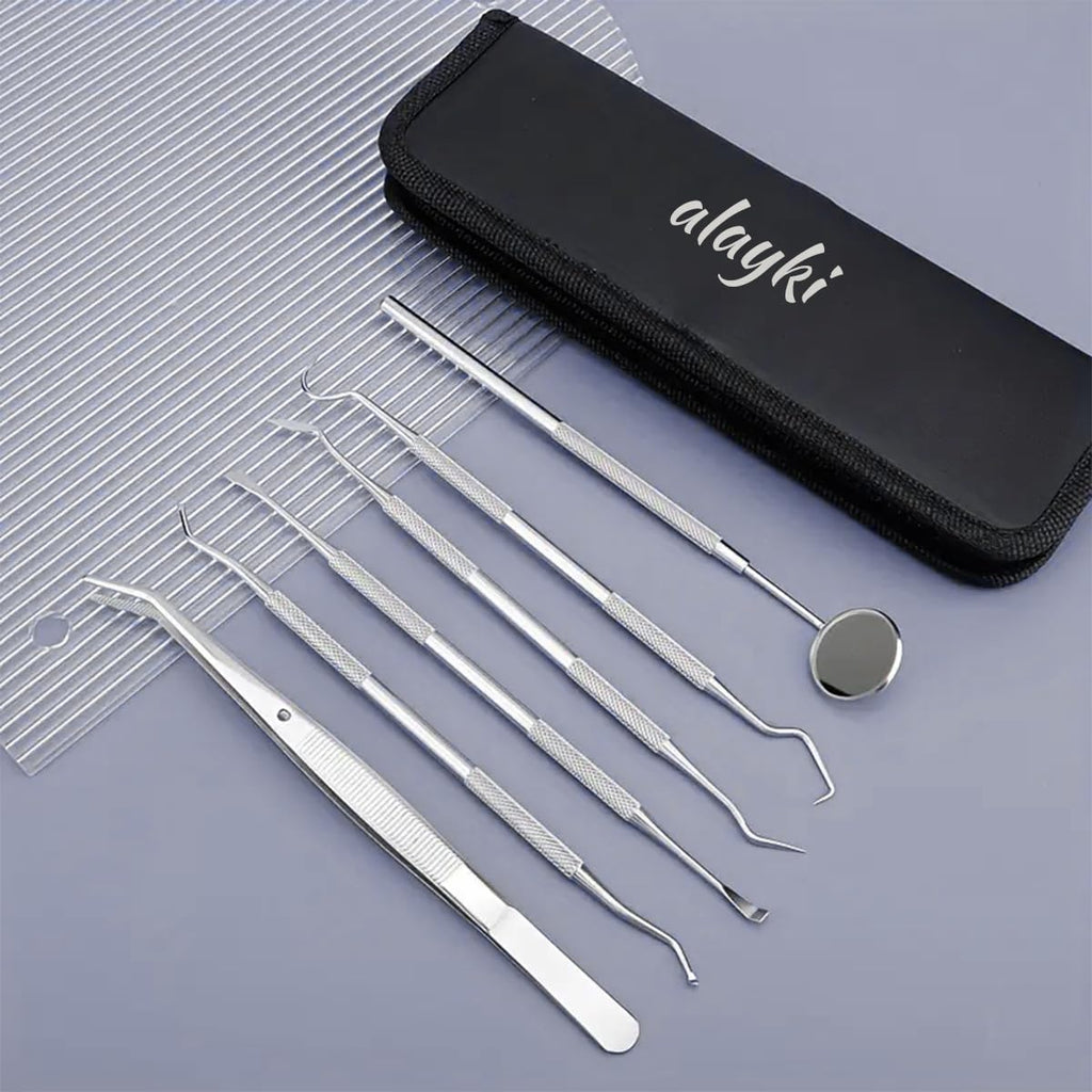 Stainless Steel Dental Kit - 6 Pack Dental Tools with Tooth Mirror, Dental Hygiene Kit for Adults, Kids, Dogs with Mirror, Picks, Travel Case (S)