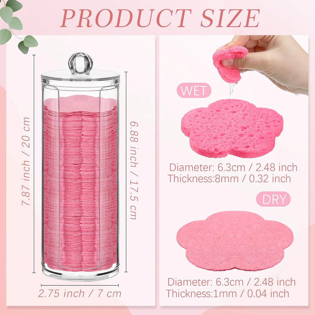 Sieral 120 Pcs Compressed Facial Sponges with Container Disposable Face Sponge Pads for Washing Face Cleansing Exfoliating Esthetician Makeup Removal(Flower,Pink)