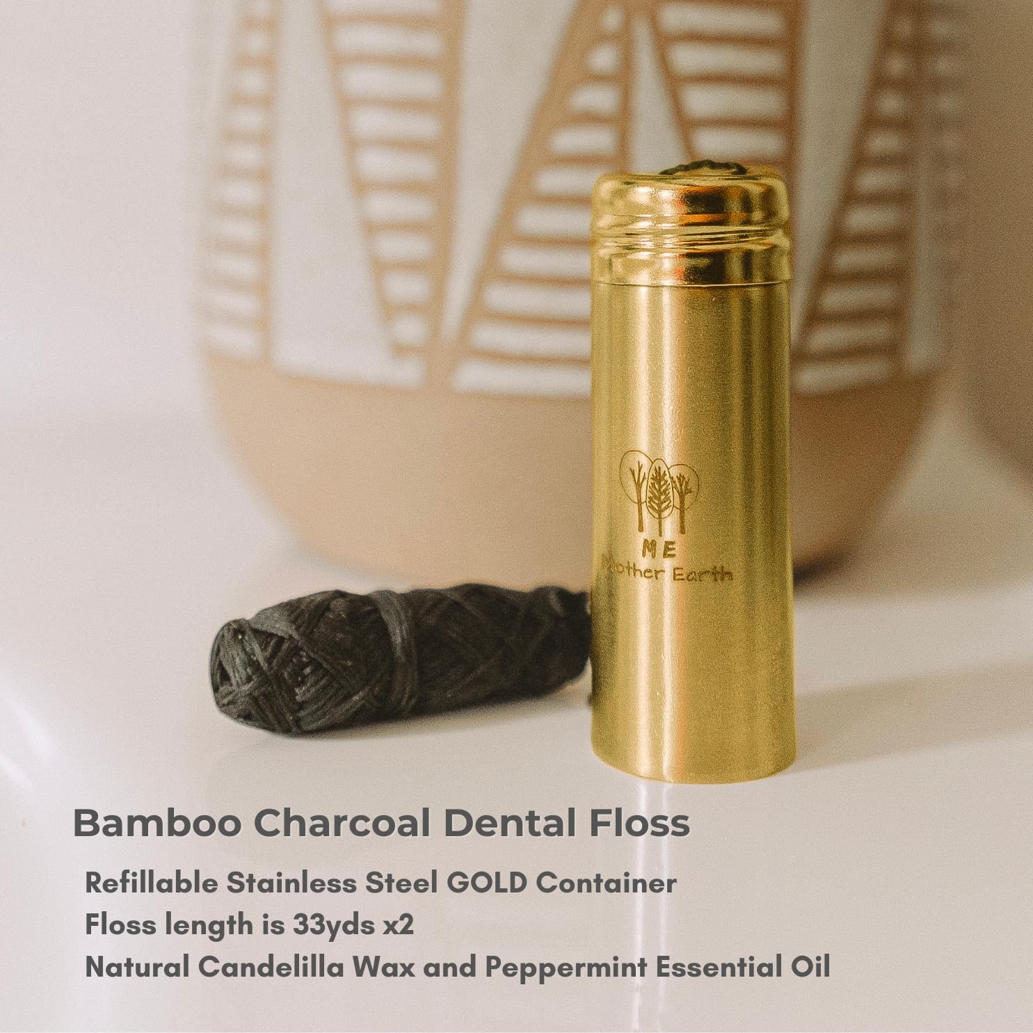 Me Mother Earth Vegan Bamboo Charcoal Dental Floss with Gold Stainless Steel Container, Made with Natural Candelilla Wax, with 30M x2 Floss Refill, Peppermint, Zero Waste Eco Friendly Products