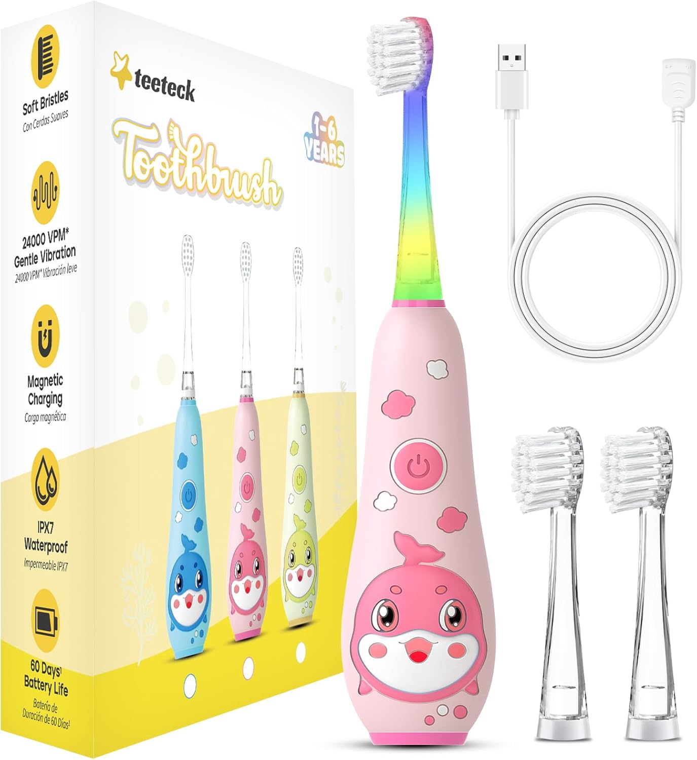 teeteck Electric Toothbrush for Kids - Toddler Electric Toothbrush with Magnetic Charging, Includes 2 Brush Heads, Magnetic USB Charging Cable for Ages 1-6 Boys Girls (Pink)