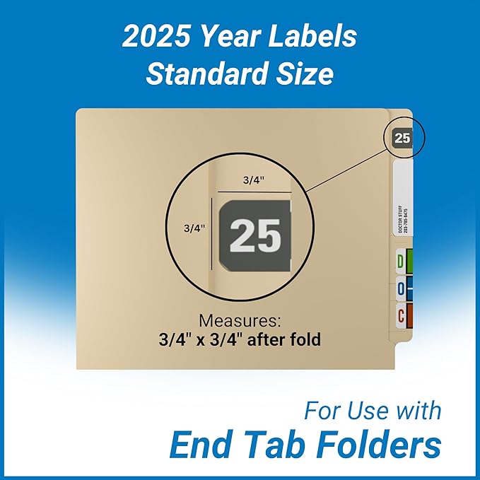 2025 Year Labels, Doctor Stuff 2025 Chart Stickers, Gray Color Coded, Tabbies 70200 Style, USA Made Year Stickers for End Tab File Folders, 500/Roll, 1 Roll, 3/4" x 1-1/2"
