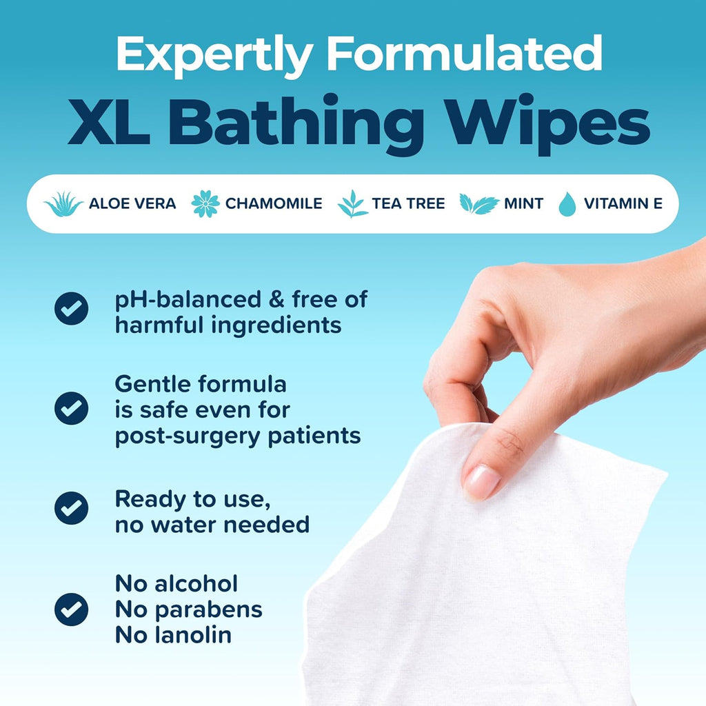 Body Wipes For Adults Bathing No Rinse 50pc XL - Ultra Thick Shower Travel Wipes For Personal Cleansing & Hygiene Essentials, Elderly Care, Incontinence Disposable Washcloths For Women Men