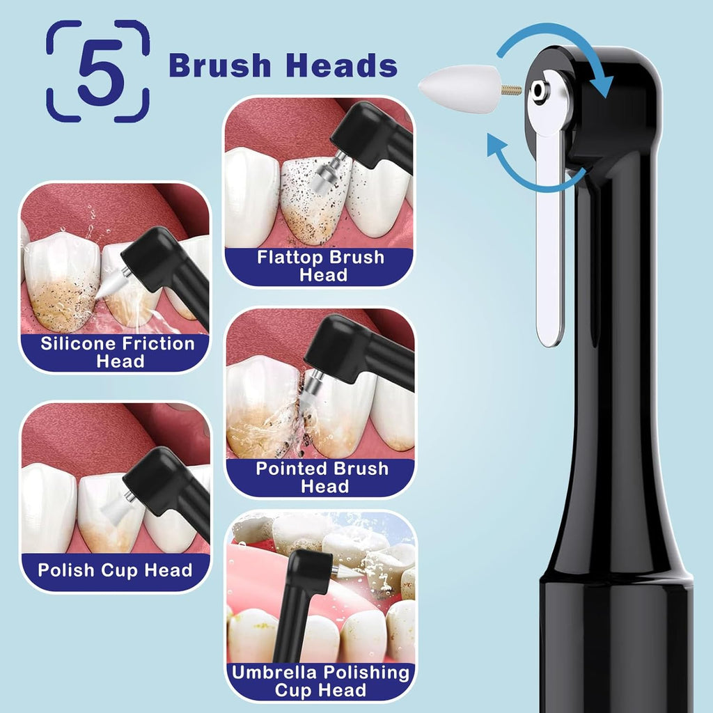 Rechargeable Tooth Polisher with 5 Brush Heads 9 Polish Pastes 4 Speed Modes IPX6 Teeth Cleaning Kit LED Light Dental Cleaning Kit for Home Use Polishing and Whitening of Tooth