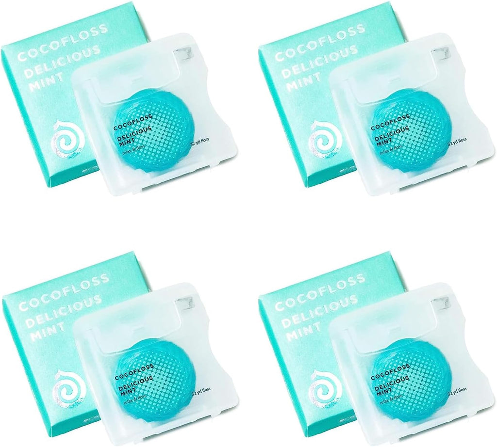 Cocofloss Woven Dental Floss, Dentist-Designed Oral Care, Mint, Waxed, Expanding, Vegan, Kid-Friendly String Floss with Coconut Oil, 4 Spools (33 yd Each)