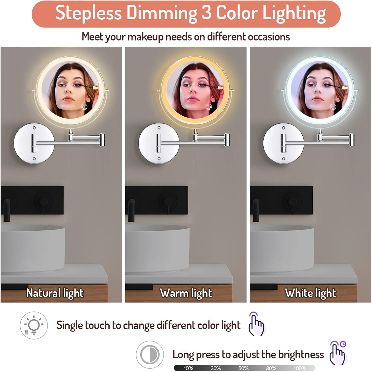 Rocollos Rechargeable Wall Mounted Lighted Makeup Mirror, 8 Inch Double-Sided LED Vanity Mirror 1X/7X Magnification,3 Color Lights Touch Screen Dimmable 360°Swivel 13 Inch Extendable