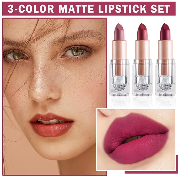 3PCS Matte Nude Lipstick Set Velvet Lip Gloss Non-Fading Non-Sticky Cup Nude Lipstick Matte Lip Stain Long Lasting Waterproof Lipstick for Women Girls Daily Lip Makeup - Set C
