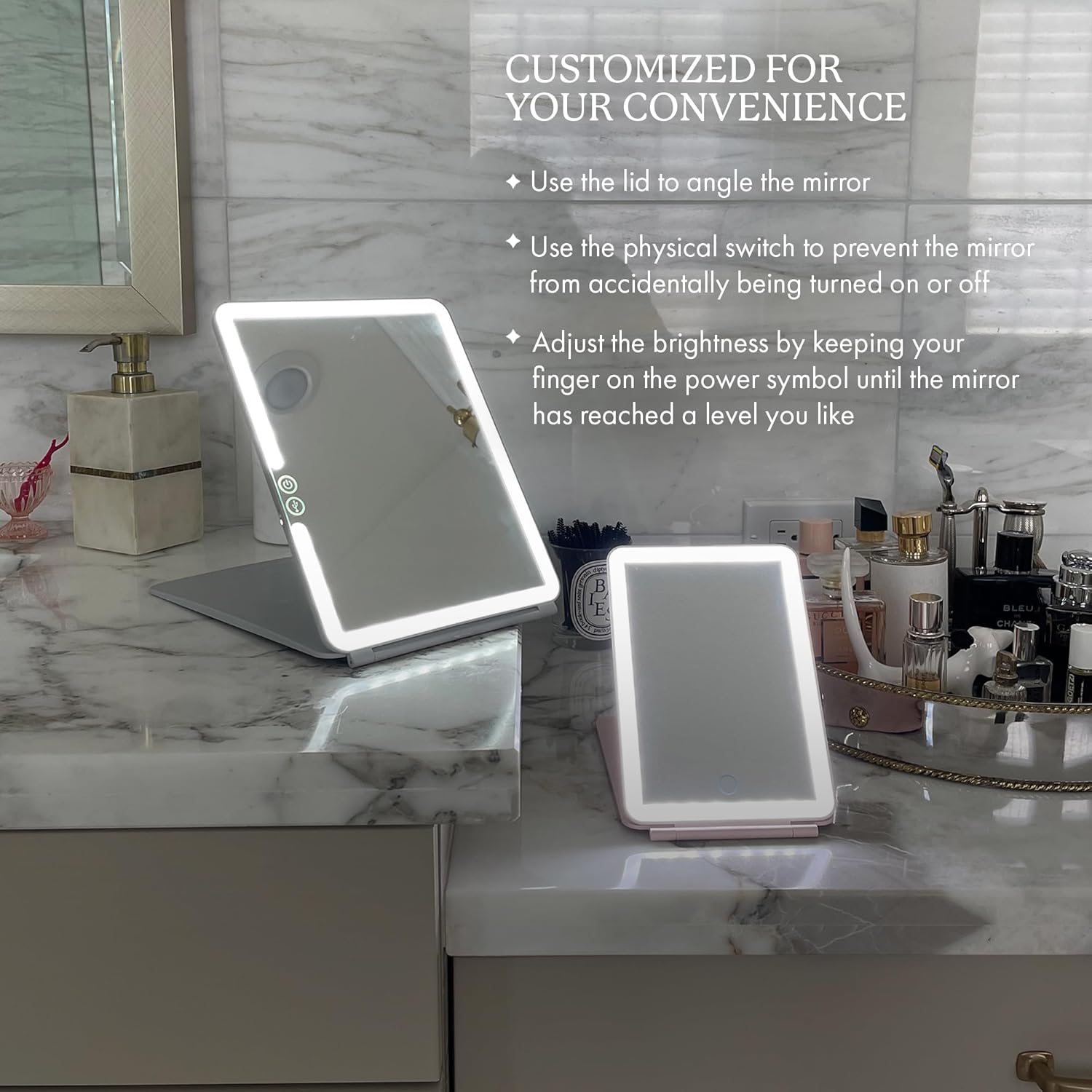 Vanity Planet Handheld Makeup Mirror with Lights, Pose 2.0 (Grey) - Light Up Travel LED Mirror with 3X & 5X Magnification - Dimmable Lighting & Micro-USB Rechargeable Lighted Compact Mirror
