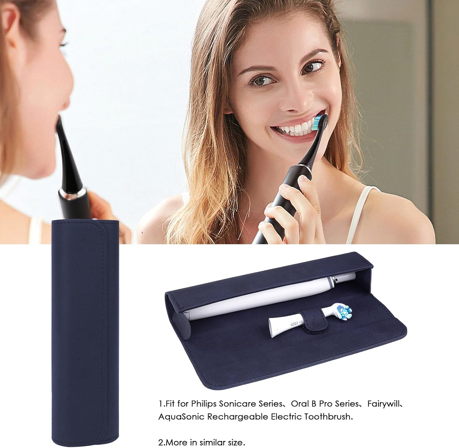 Travel Electric Toothbrush Case, Portable Containers Toothbrush Holder Storage Box, PU Toothbrush Travel Case Compatible with Oral-b Pro 1500 8000, Philips 4100, 5100 6100, 9900 (Dark Blue 2Pack)
