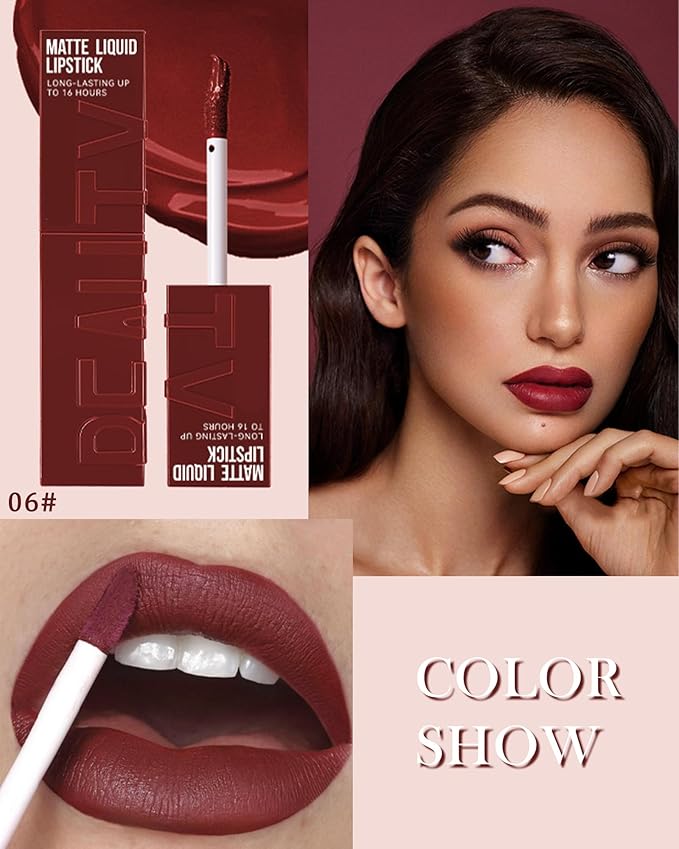 Matte Liquid Lipstick for Women- 1Pcs Highly Pigmented Color Lip Stain Tint, Super Velvet Matte Lip Gloss, Up to 16H Wear, Long Lasting Waterproof Smudgeproof, Non-Stick Cup Lip Makeup-06# Wine Red