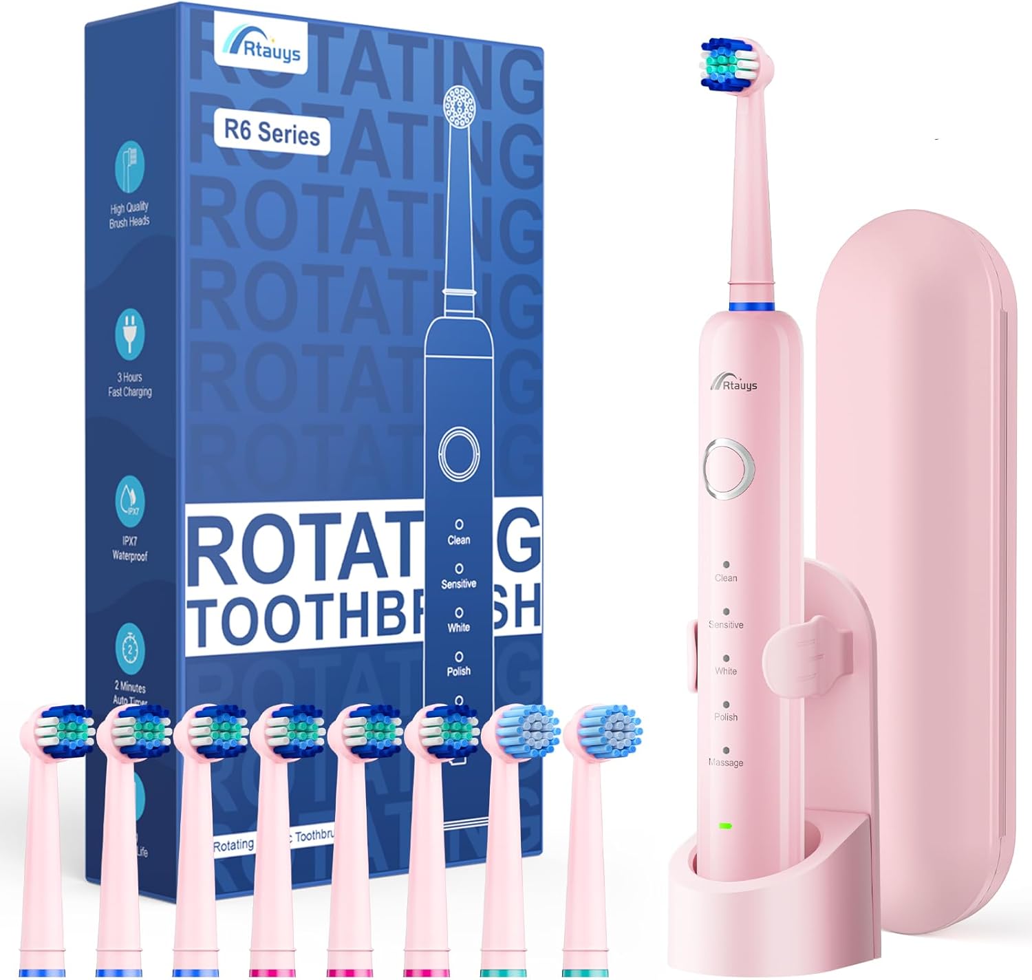 Rtauys R6 Rotating Electric Toothbrush for Adults, Fast Charge, Come with 8 Brush Heads (2 Types) and Travel Case, 5 Modes, 50000VPM Powered Toothbrush, 2 Minute Timer