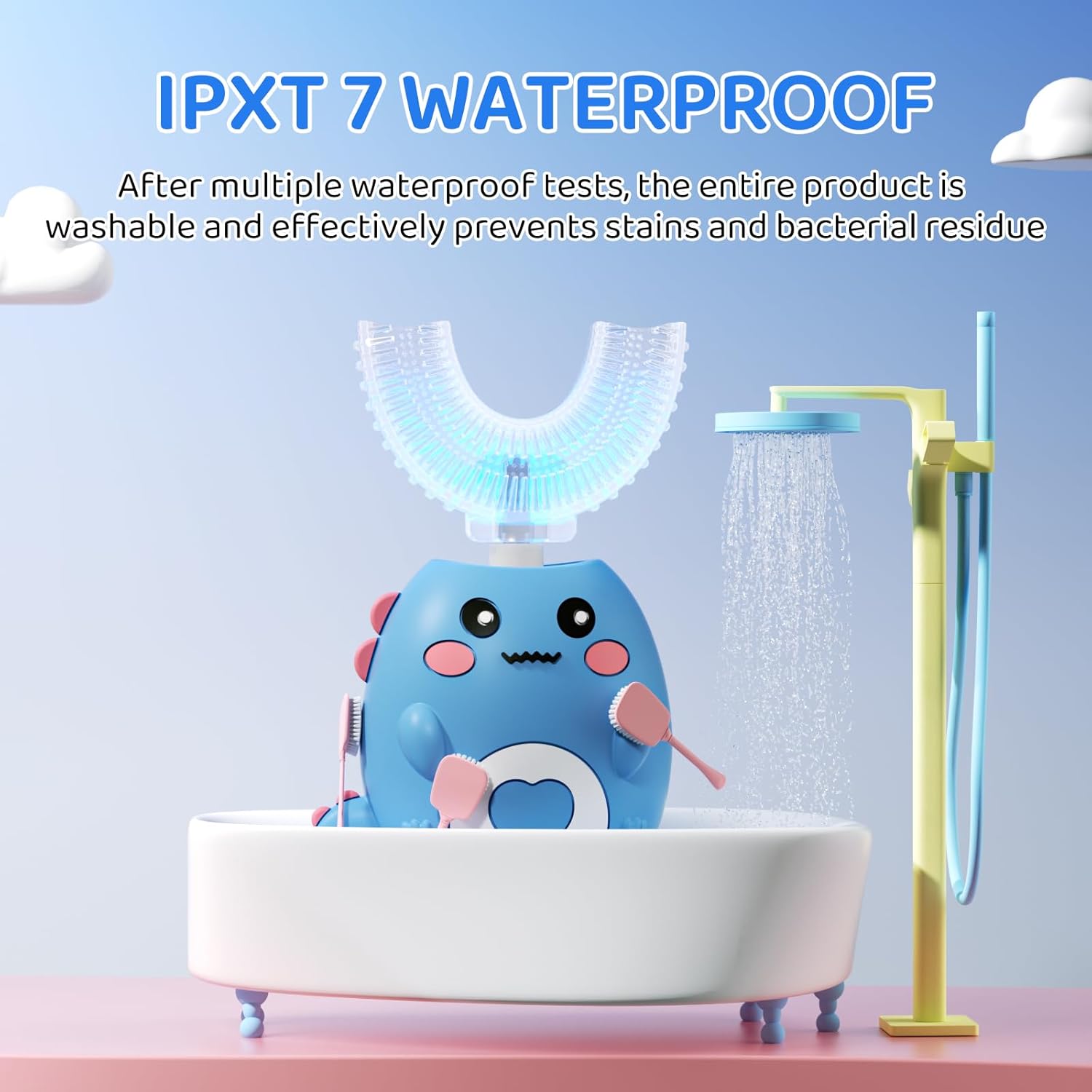 Kids U Shaped Electric Toothbrush, with 3 Cleaning Modes, with 4 Brush Heads, 360° Sonic Automatic Toothbrush, IPX7 Waterproof Cartoon Dinosaur Design (Ages 2-12)