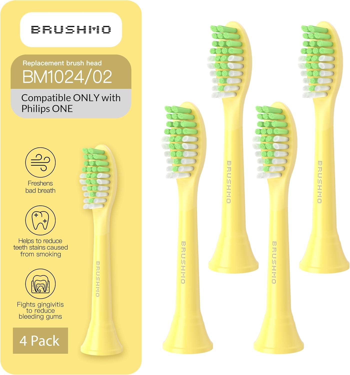 Brushmo Replacement Toothbrush Heads, Compatible with Philips One for Sonicare Electric Toothbrush Handles HY1022, 4 Standard Heads with Tongue Cleaner, Soft Dupont Bristles, BM124m, Mango