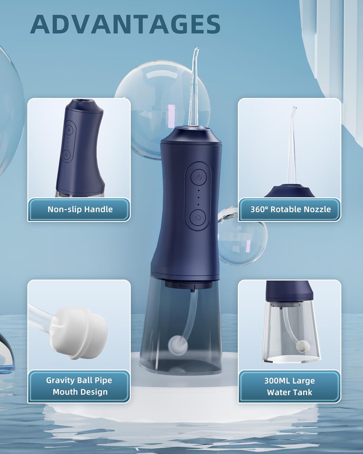 Water Dental Flosser - Portable Cordless Oral Irrigator 300ML, Rechargeable IPX7 Waterproof Irrigation Cleaner for Teeth Cleaning & Flossing, Travel & Home Use (mid Night Blue)