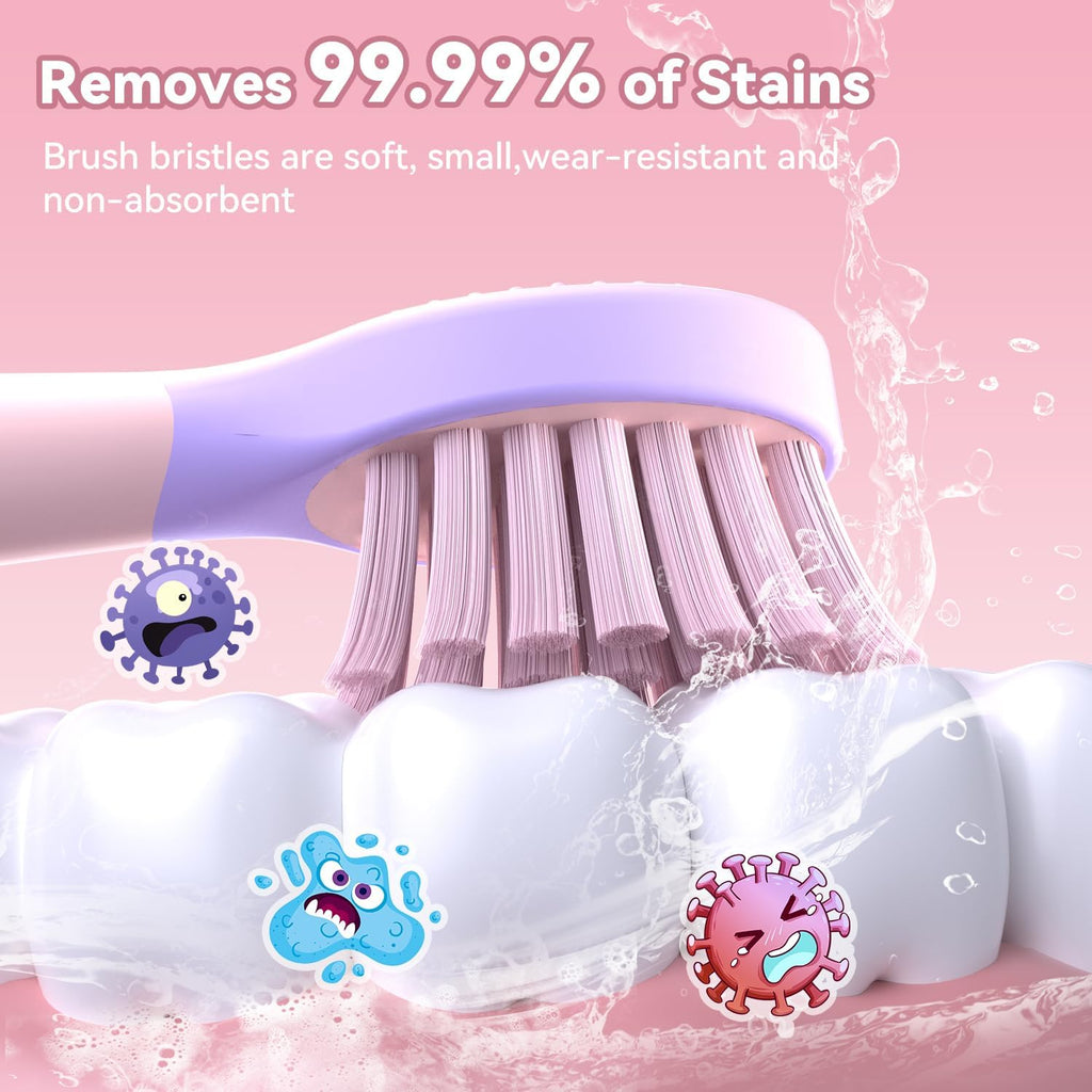 JTF Kids Electric Toothbrush Rechargeable: Sonic Tooth Brush with Smart Timer 5 Brushing Modes 4 Soft Brush Heads IPX7 Waterproof and DIY Sticker, Portable Pink Children Toothbrushes for Girl, Ages 3+