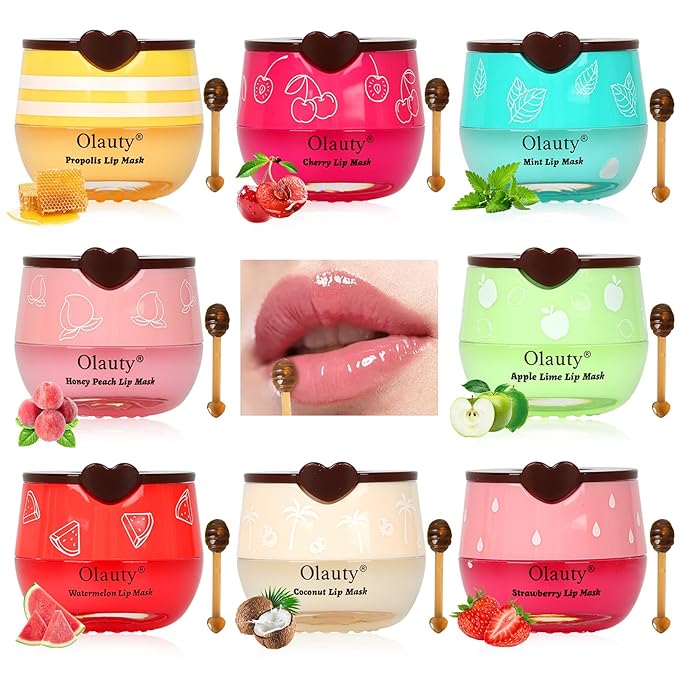 8 PCS Bee Lip Balm Honey Pot,Lip Balm Bulk Gifts,Strawberry,Apple Lime,Watermelon, Cherry, Mint,Coconut & Peach with Honey & Vitamin E,Sleeping Mask Overnight for Hydrating & Preventing Dry