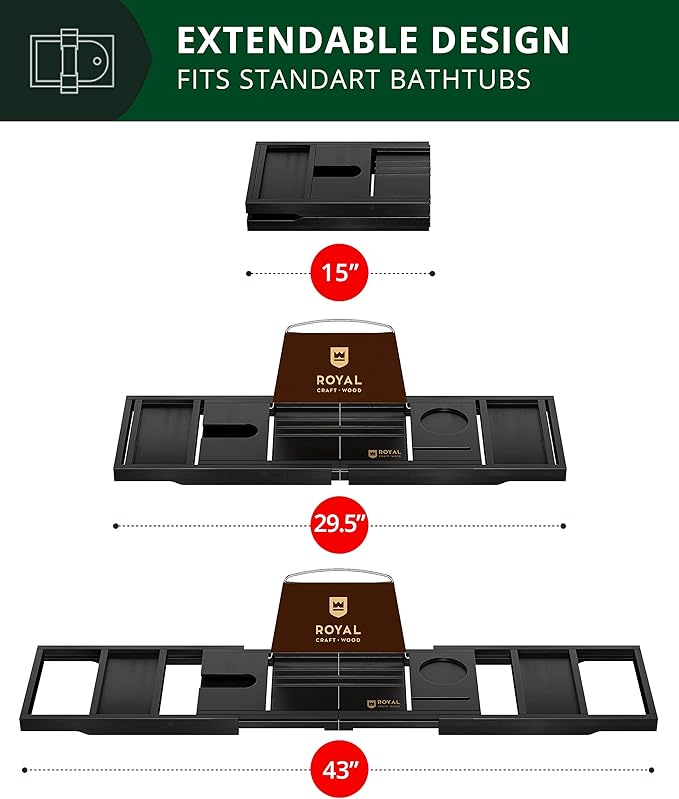 ROYAL CRAFT WOOD Premium Foldable Bathtub Tray - Wood Bath Tray for Tub, Bamboo Shelf, Expandable Bath Table Trays, Bathtub & Bathroom Accessories for New Home & Mothers Day & Birthday Gifts for Mom