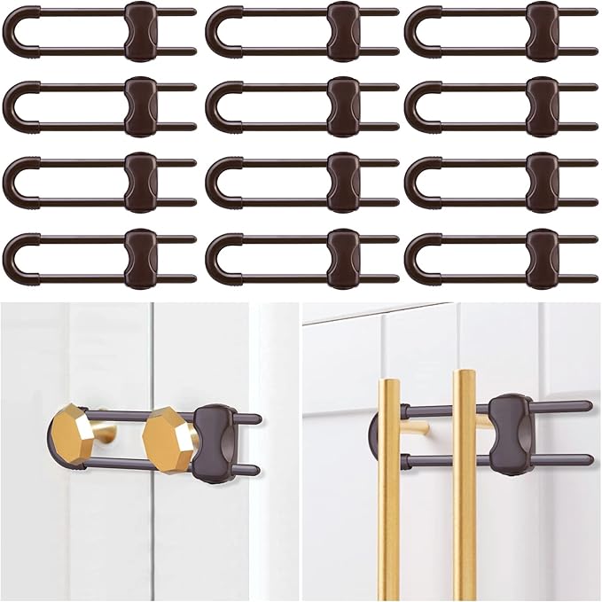 12 Packs Baby Proofing Sliding Cabinet Locks modacraft U-Shaped Child Safety Latches Adjustable White Locks for Handles Knobs Drawers Closet Cupboard - Brown