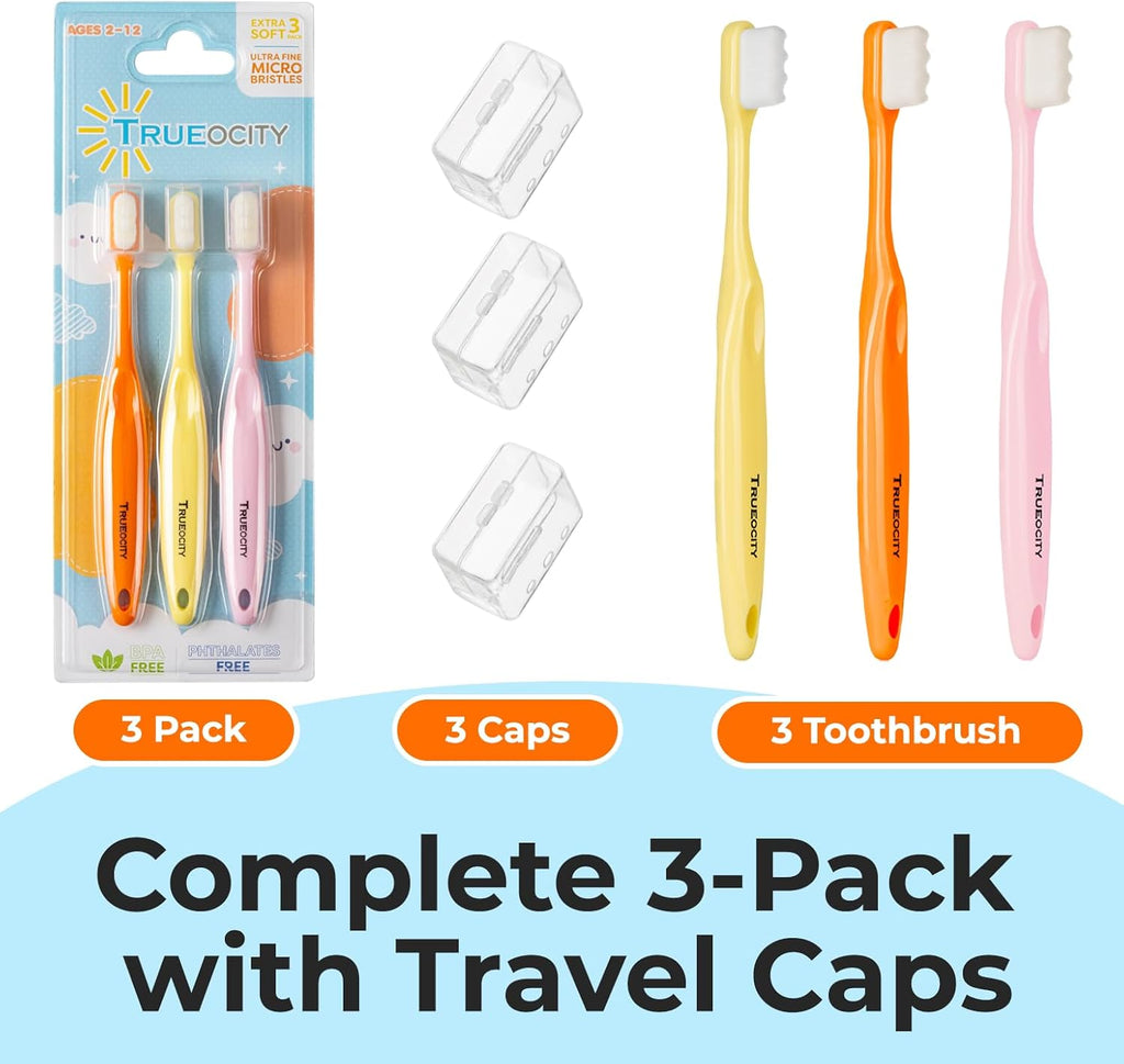 Toddler toothbrush age 2-4, Nano Toothbrush Kids Soft Nanobrush - 20,000 Bristles, Nano Brush for Gentle Care, Baby & Toddler Ages 4-12, 3 Pack Colors (Yellow, Orange, Pink), Perfect for Small Hands