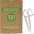EasyHonor Organic Dental Floss Picks - Natural Biodegradable Floss Sticks with Strong Bamboo Charcoal Thread & Vegan Corn Starch Handle.(100PCS)