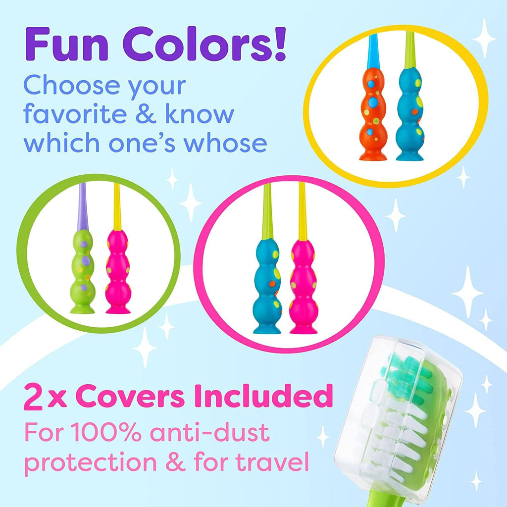 Trueocity Kids Toothbrush 2 Pack - Soft Contoured Bristles - Child Sized Brush Heads (3-10 Year Old) - Suction Cup for Fun & Easy Storage - Girl & Boy Set (2-Pack, Multi-Color)