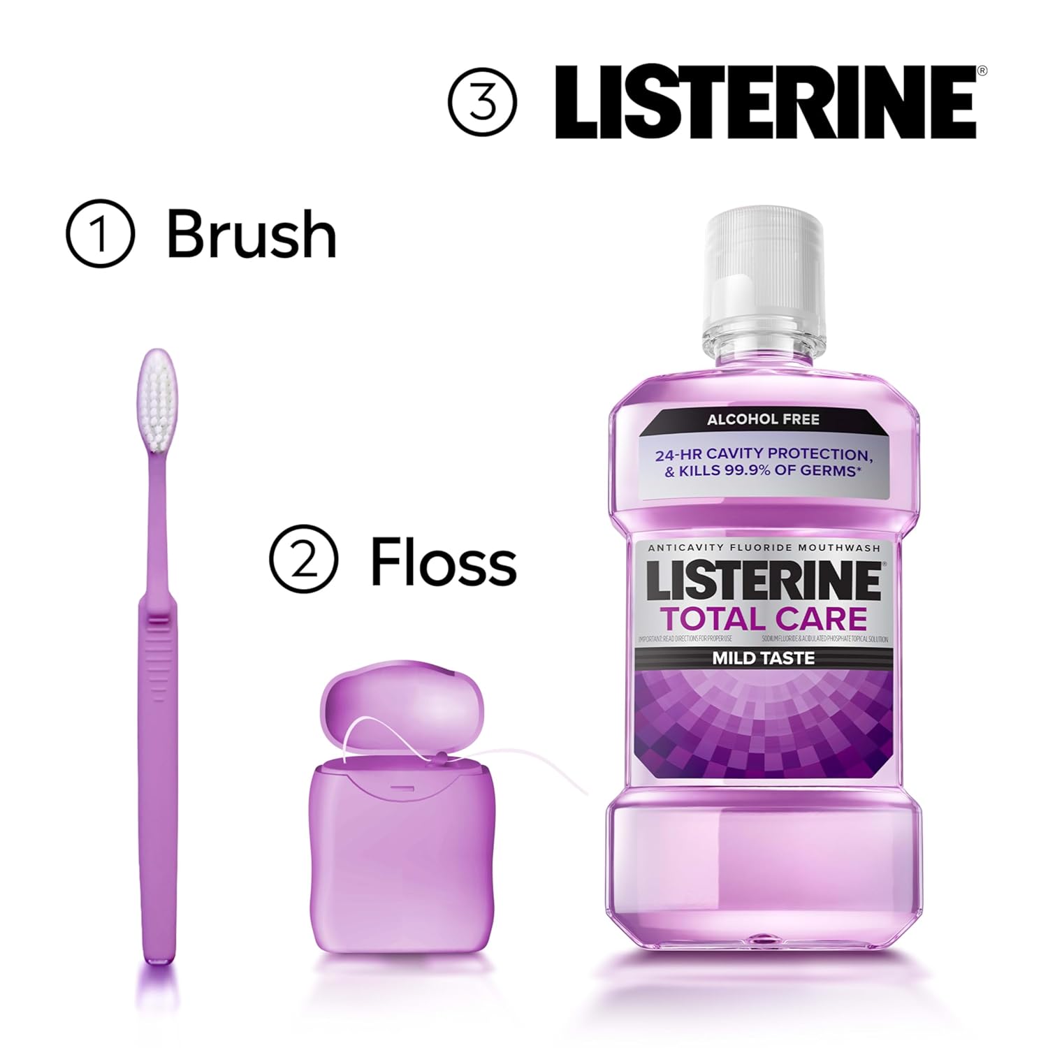 Listerine Total Care Alcohol Free Anticavity Fluoride Mouthwash, 6 Benefit Oral Rinse to Help Kill 99.9% of Germs That Cause Bad Breath, Strengthen Teeth, Restore Enamel, Fresh Mint Flavor, 500 mL