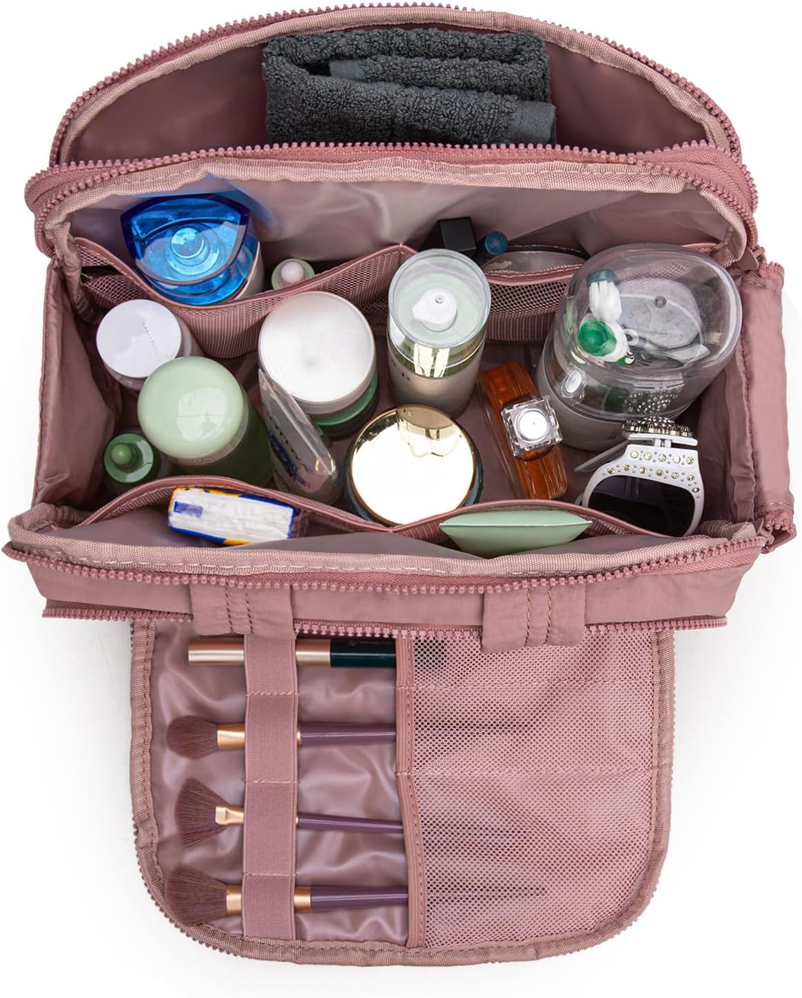 Montana West Travel Toiletry Bag Large Capacity Travel Bags Soft Dark Pink Makeup Organizer Lightweight Puffy Cosmetic Bag with Waterproof Compartment