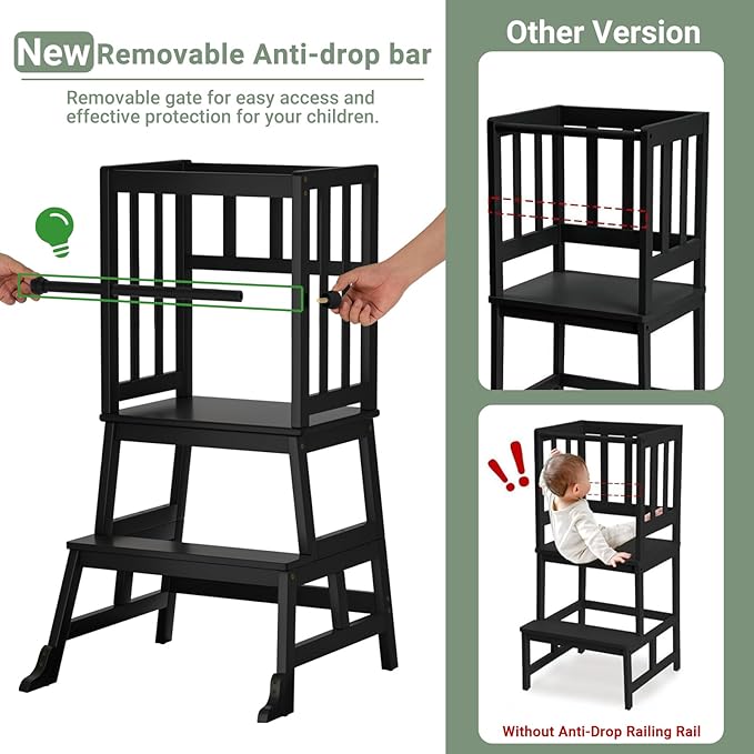 COSYLAND Kids Kitchen Step Stool Helper Baby and Toddler Multi-Function Step up Nursery Helper Stand with Safety Rail in Natural Bamboo, Strong and Lightweight 1.5-3 Years (Black)