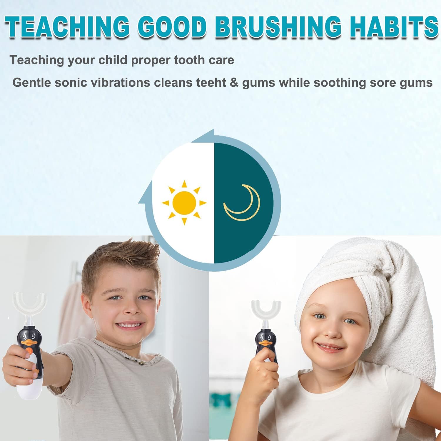 Kids Electric Toothbrush, U-Shaped Automatic Toothbrush,360° Cleaning with Three Types of Brush Heads,Large for 7-12 Years,Cartoon Modeling,Black,1 Pack