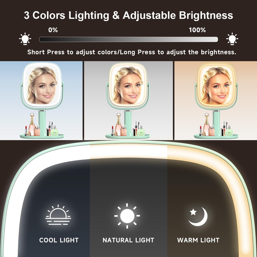 Mocado Makeup Mirror with Lights, 1X/20X Magnifying Mirror with Light, Vanity Mirror with 3 Colors Lights, Height Adjustable Lighted Makeup Mirror, Double Sided 360°Rotation, Memory Function (Green)