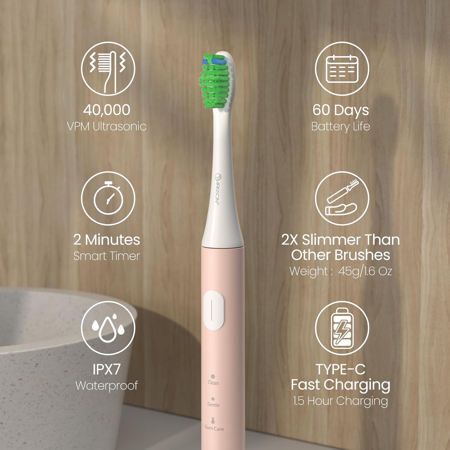 ARISSON Sonic Electric Toothbrush for Adults and Kids, 40,000 VPM Power Toothbrush, 1.5H Fast Charge Ultrasonic Electric Toothbrushes with 2 Minutes Smart Timer, White on Desert Sand