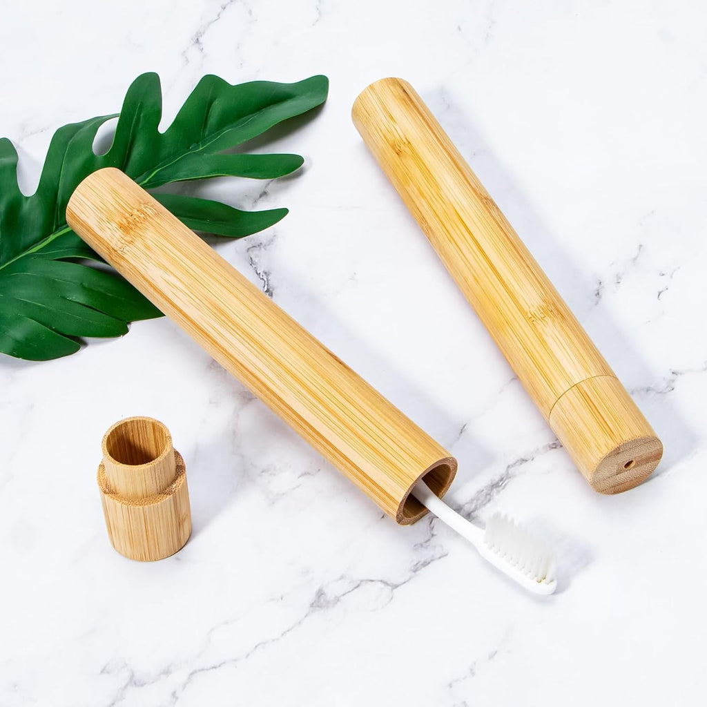 Yeeco 2 Pcs Portable Bamboo Toothbrush Case, Wooden Toothbrush Covers Storage Container Reusable Toothbrush Travel Holder Sustainable for Trip Camping Home Travelling Attach 4 Pcs Sticky Label