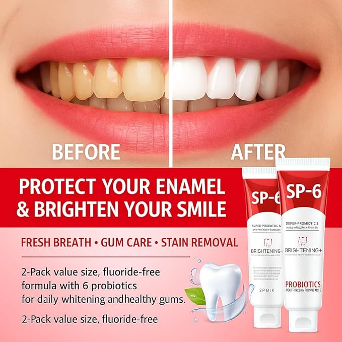 SP-6 Probiotic Whitening Toothpaste - Advanced Deep Stain Removal for Coffee, Tea & Smokers - Natural Teeth Whitener for Sensitive Enamel - Fresh Breath Mint Flavor [2 Pack / 2x100g]