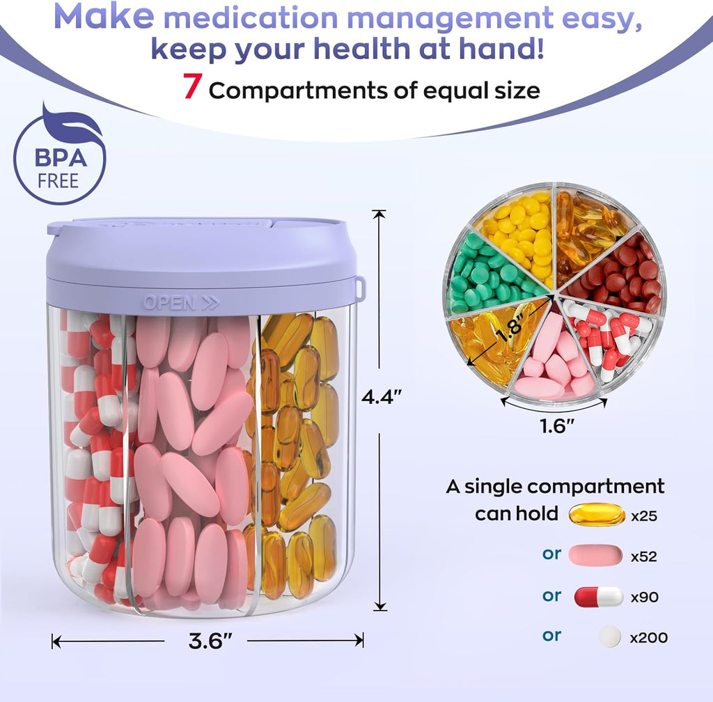 Pill Dispenser with 7 Large Compartments, Pill Organizer for Travel, Supplement Organizer with Anti-Mixing Design, BPA-Free Pill Container with 20 Pcs Labels, Purple