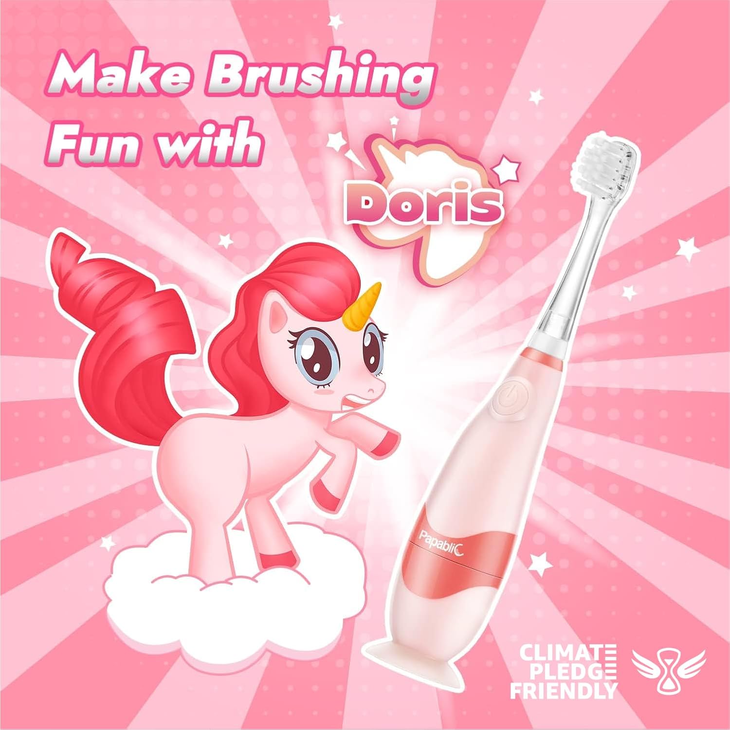 Papablic Toddler Sonic Electric Toothbrush Kids for Ages 1-3 Years, Baby Electric Toothbrush with Cute Unicorn Cover and Smart LED Timer, 4 Brush Heads (Doris)