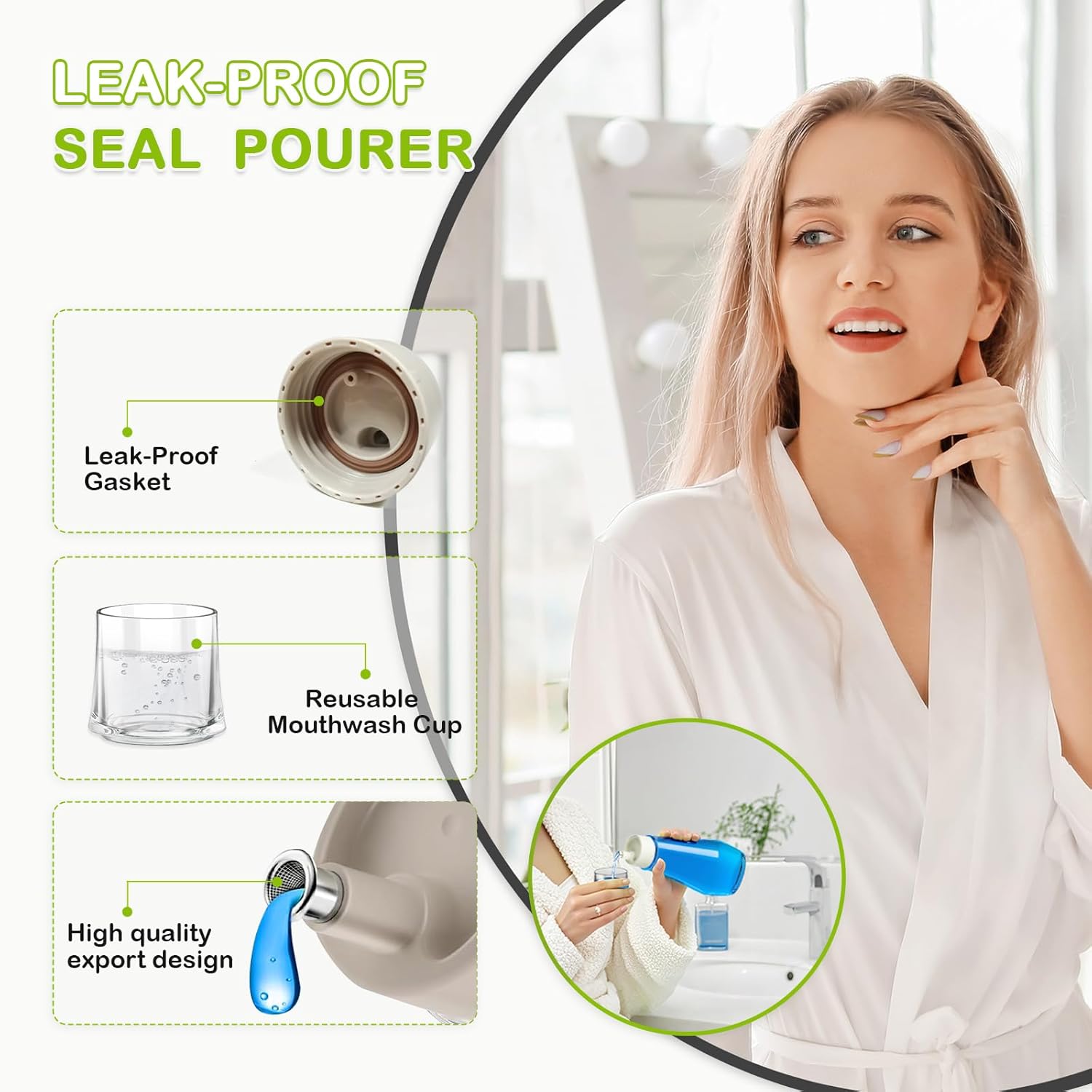 Glass Mouthwash Dispenser for Bathroom, 8.8 oz Refillable Mouthwash Container With Lid Cup, Small Clear Mouthwash Bottle for Countertop