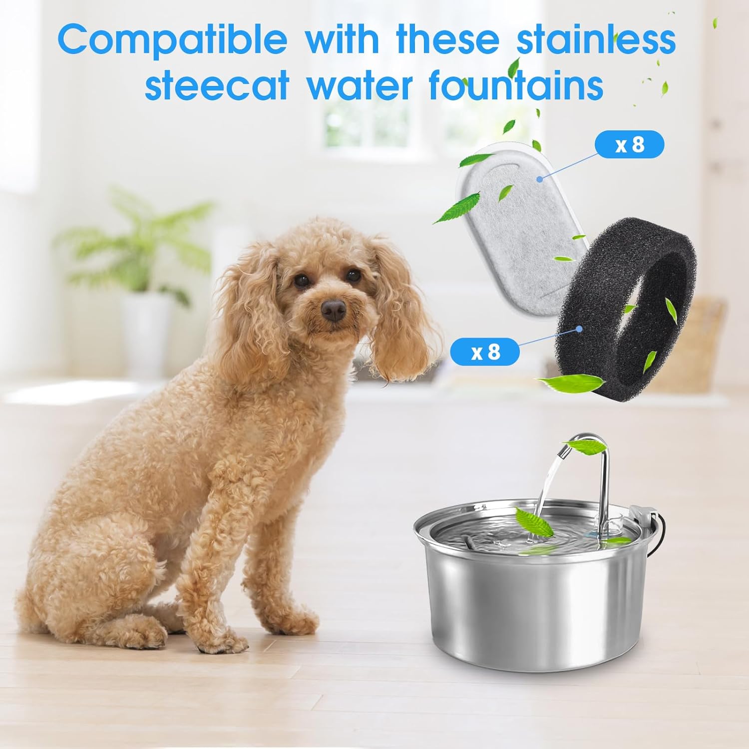 Cat Water Fountain Filters-8 Pack Replacement Filters & 8 Pack Replacement Pre-Filter Sponges Set for Stainless Steel 108/3.2L& 67oz/2L Adjustable Water Flow Pet Water Fountain