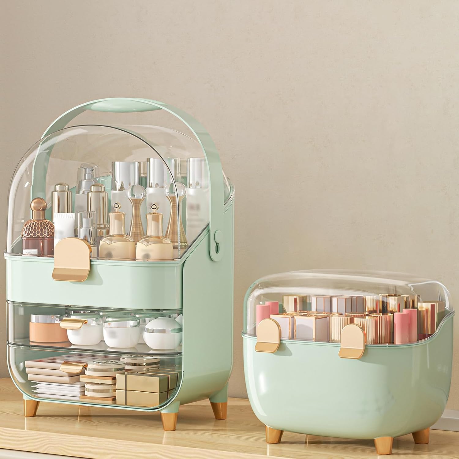 Makeup Organizer with Lipstick Holder, Skincare Organizers Storage Box Cosmetic Display Cases, Teen Girl Gifts Make up Organizers for Vanity, Dresser, Countertop, Bathroom(Green)