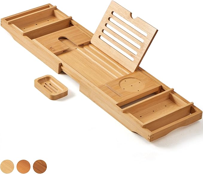 XcE Bamboo Bathtub Caddy Tray - Expandable to 41 Inches with Book Stand, Soap Holder & Anti-Slip Pads for Luxury Bath Spa, Natural