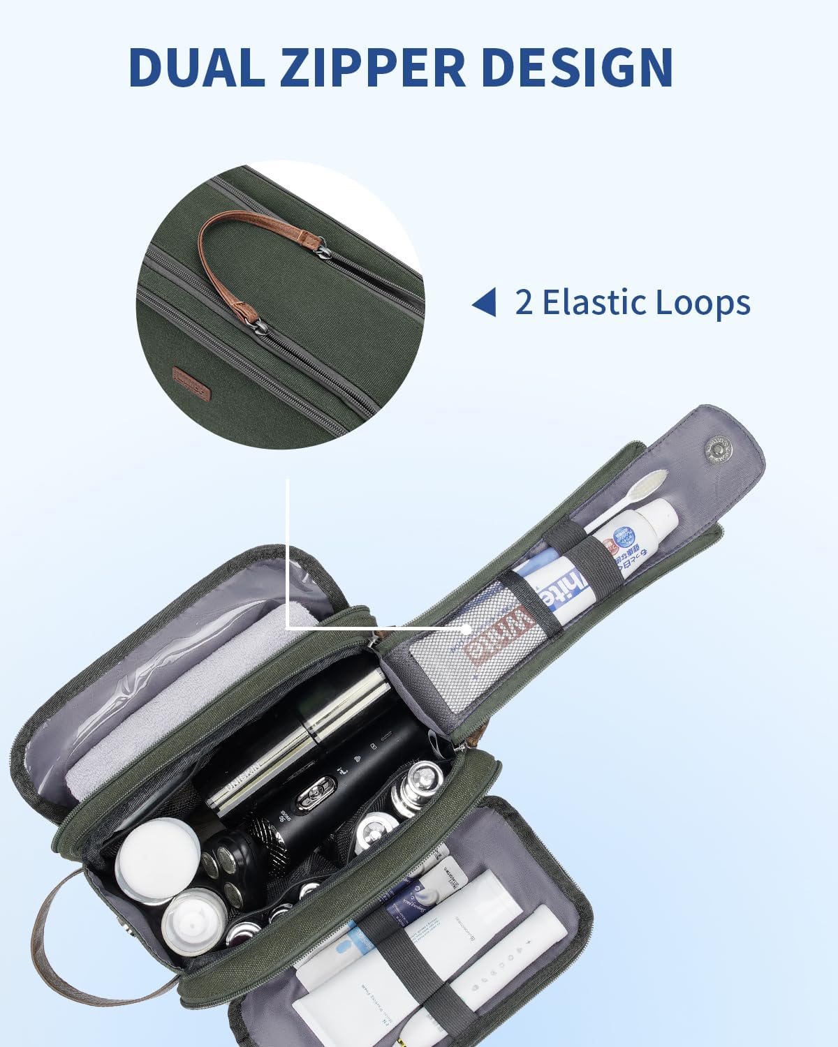 WANDF Toiletry Bag for Men Travel Toiletry Organizer Canvas and Leather Dopp Kit Water-Resistant Shaving Bag for Travel Accessories (Green, Medium)