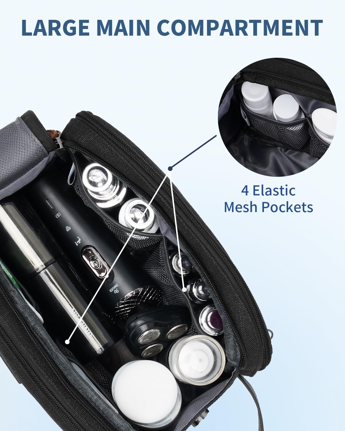 WANDF Toiletry Bag for Men Travel Toiletry Organizer Canvas and Leather Dopp Kit Water-Resistant Shaving Bag for Travel Accessories (Black, Medium)